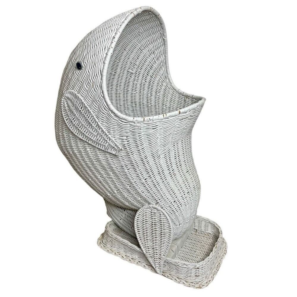 Vintage WICKER WHALE Sea Ocean BASKET Toy TOWEL  Hamper MID CENTURY Rattan White